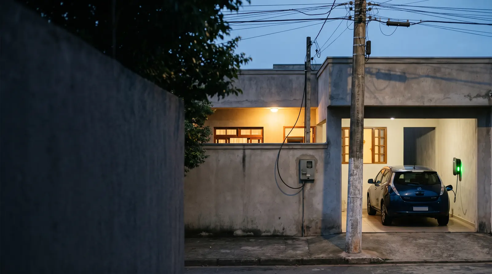 Casa com poste e medidor de energia na frente e um carro elétrico carregando na garagem