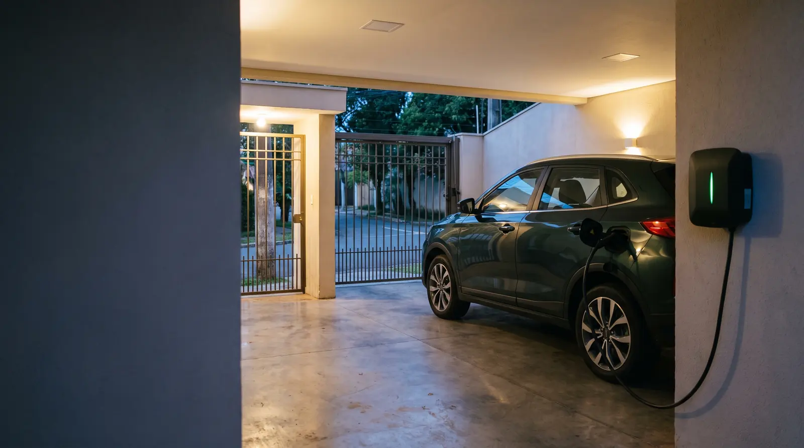 Geely EX5 carregando num wallbox na garagem de uma casa