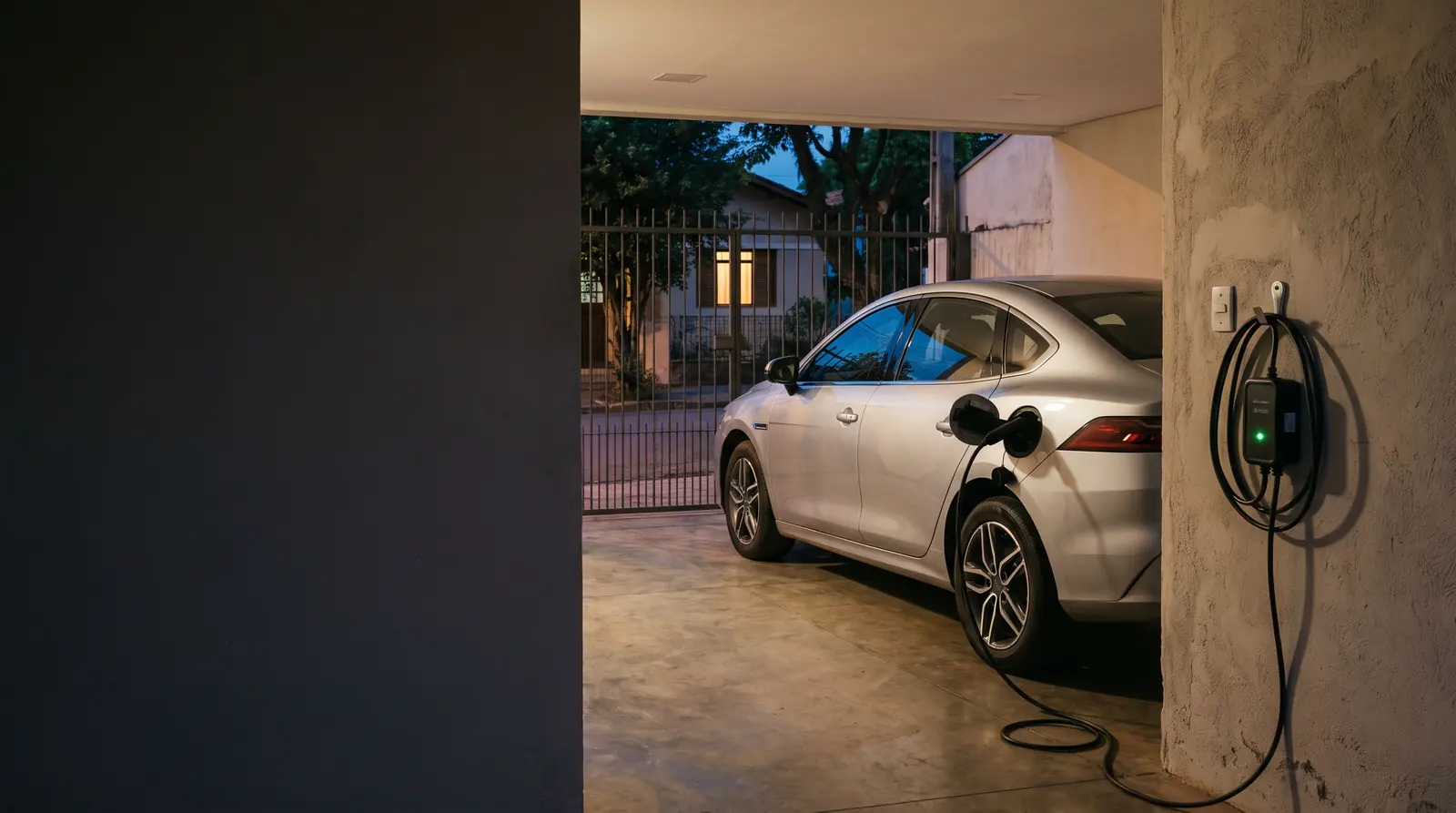 BYD King carregando com um carregador portátil na garagem