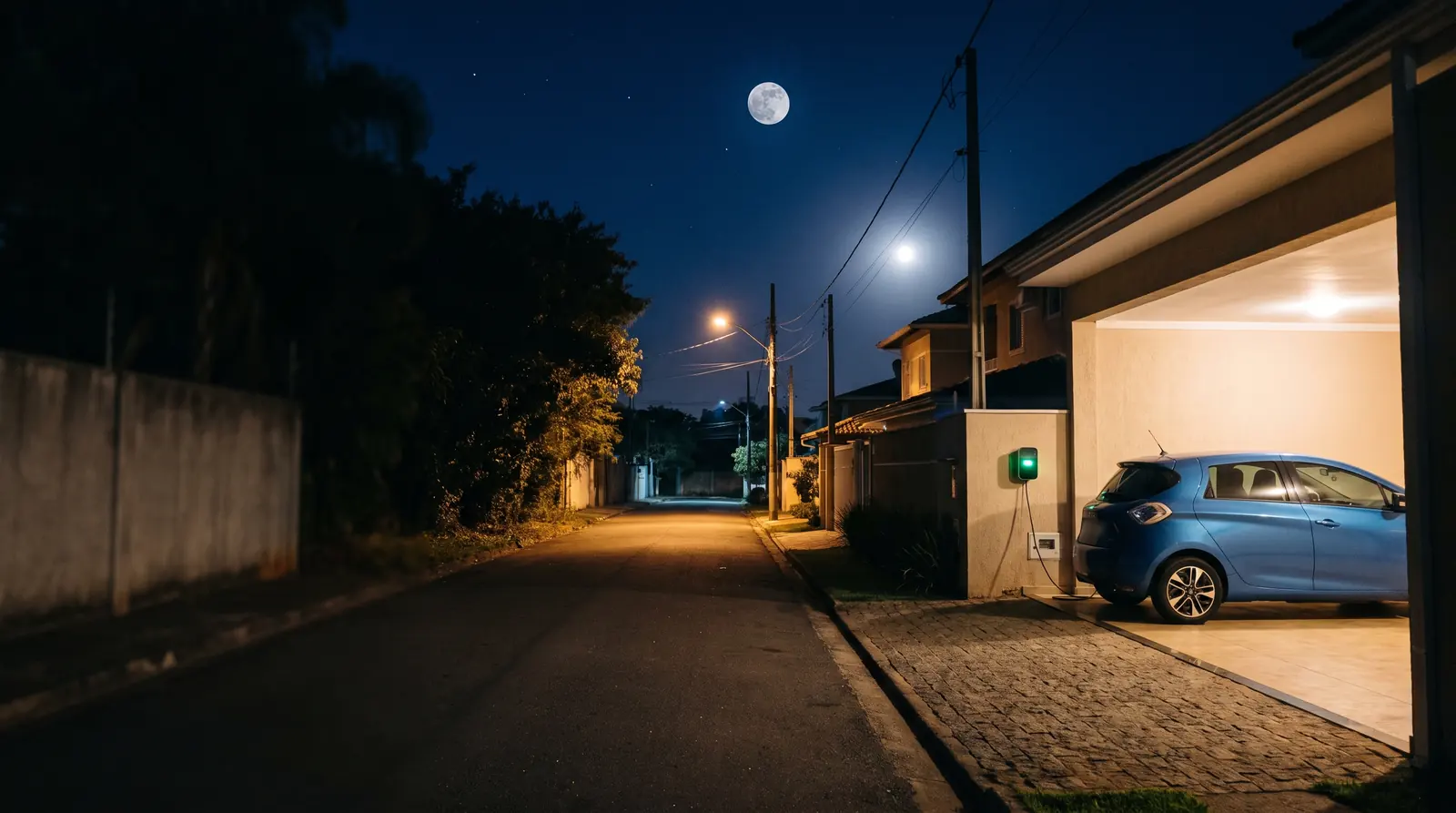 Rua residencial de madrugada com um carro elétrico carregando numa garagem iluminada