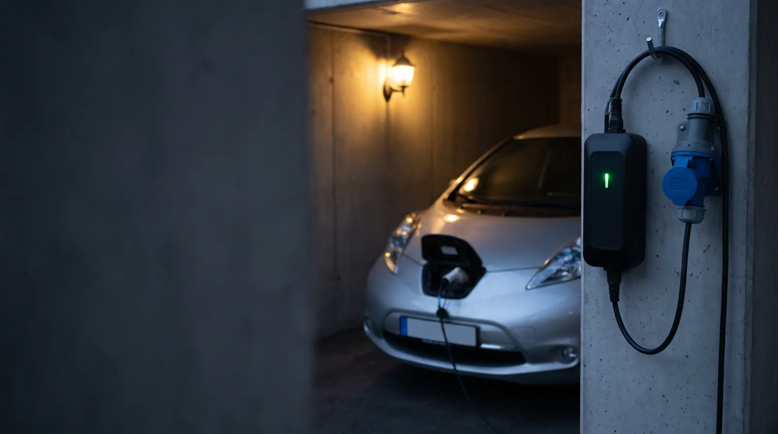 Carregador portátil ligado a uma tomada industrial azul, carregando um carro elétrico