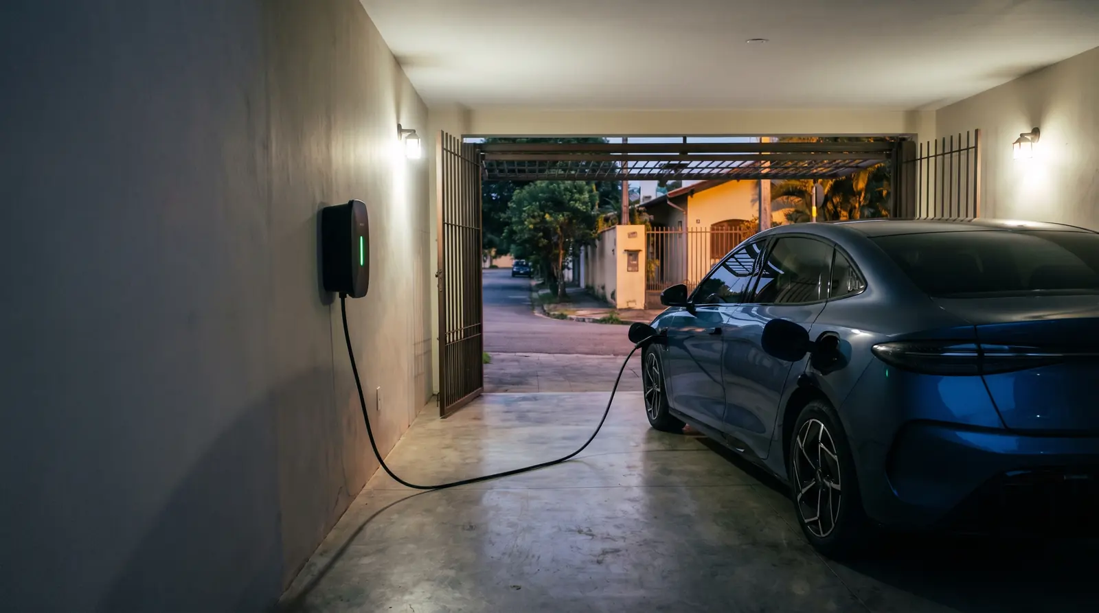 BYD Seal carregando num wallbox na garagem de uma casa