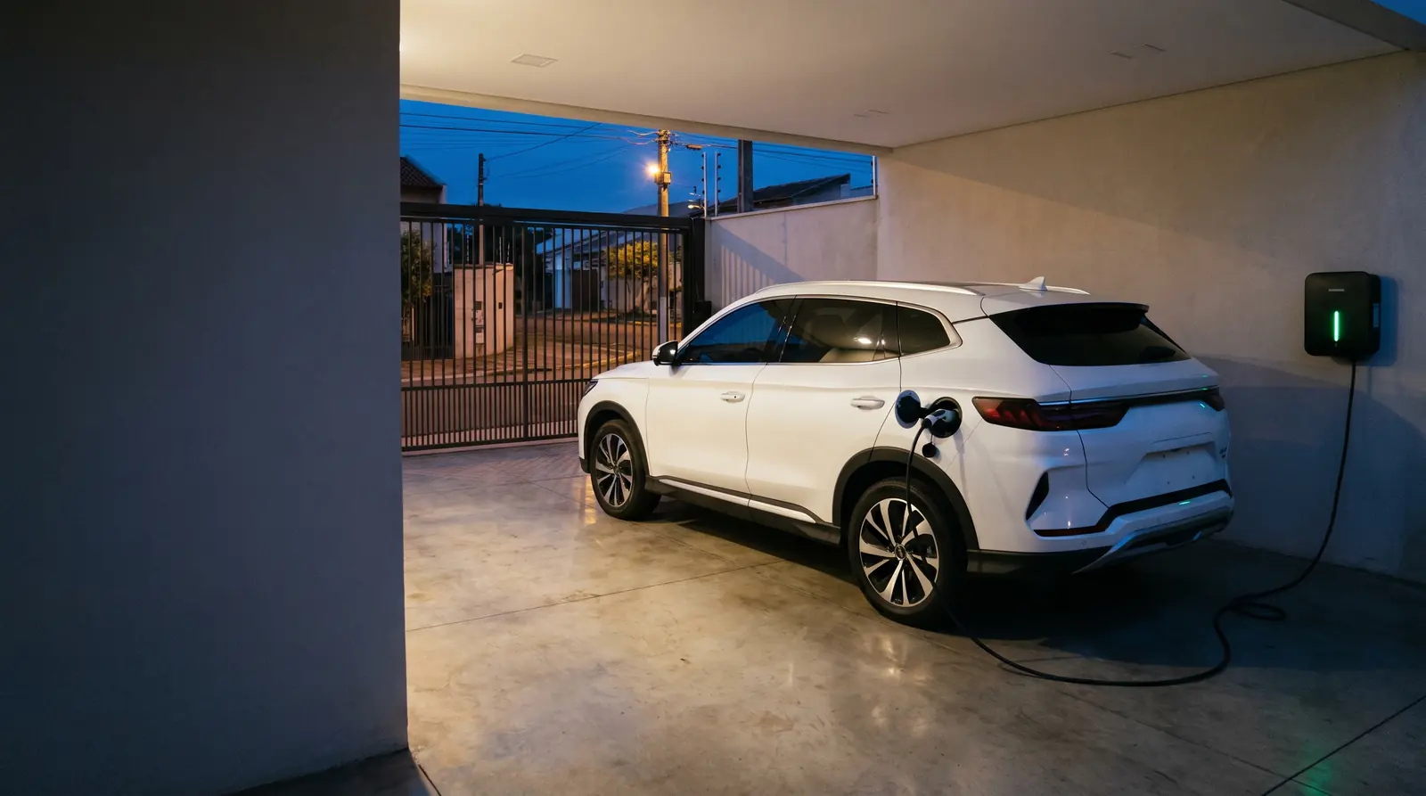 BYD Song Plus carregando num wallbox na garagem de uma casa