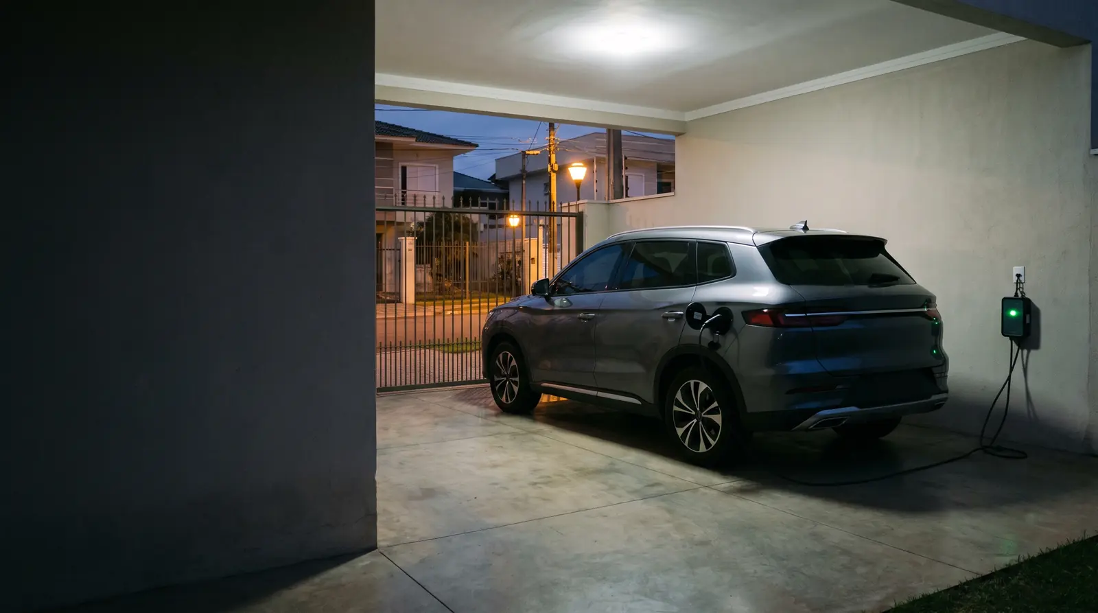 BYD Song Pro carregando com um carregador portátil na garagem