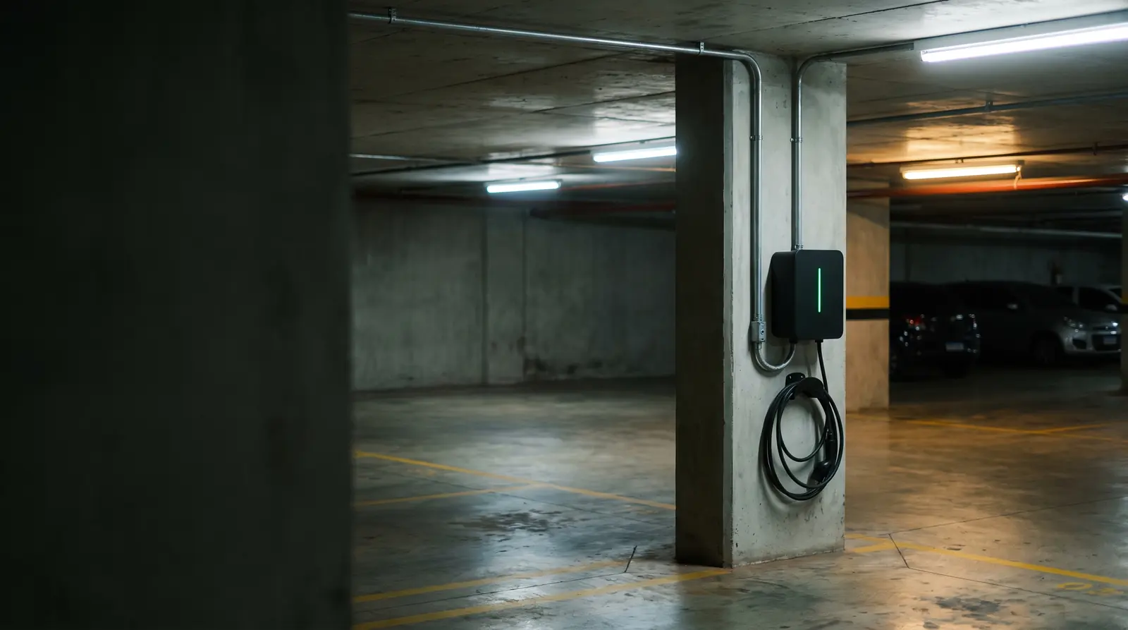 Wallbox instalado num pilar da garagem de um prédio, com o eletroduto vindo do teto