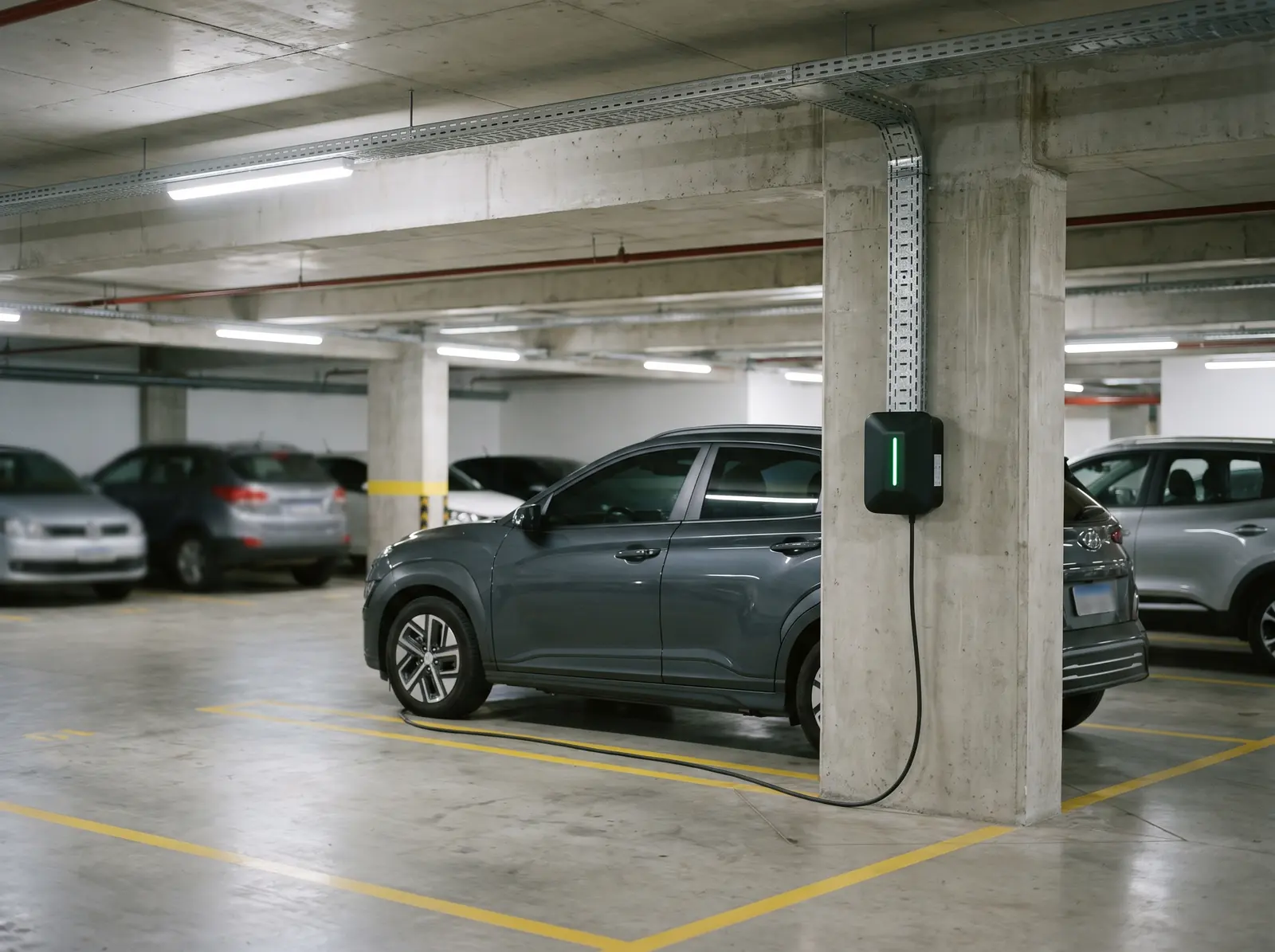 Wallbox instalado em uma vaga de garagem de prédio residencial