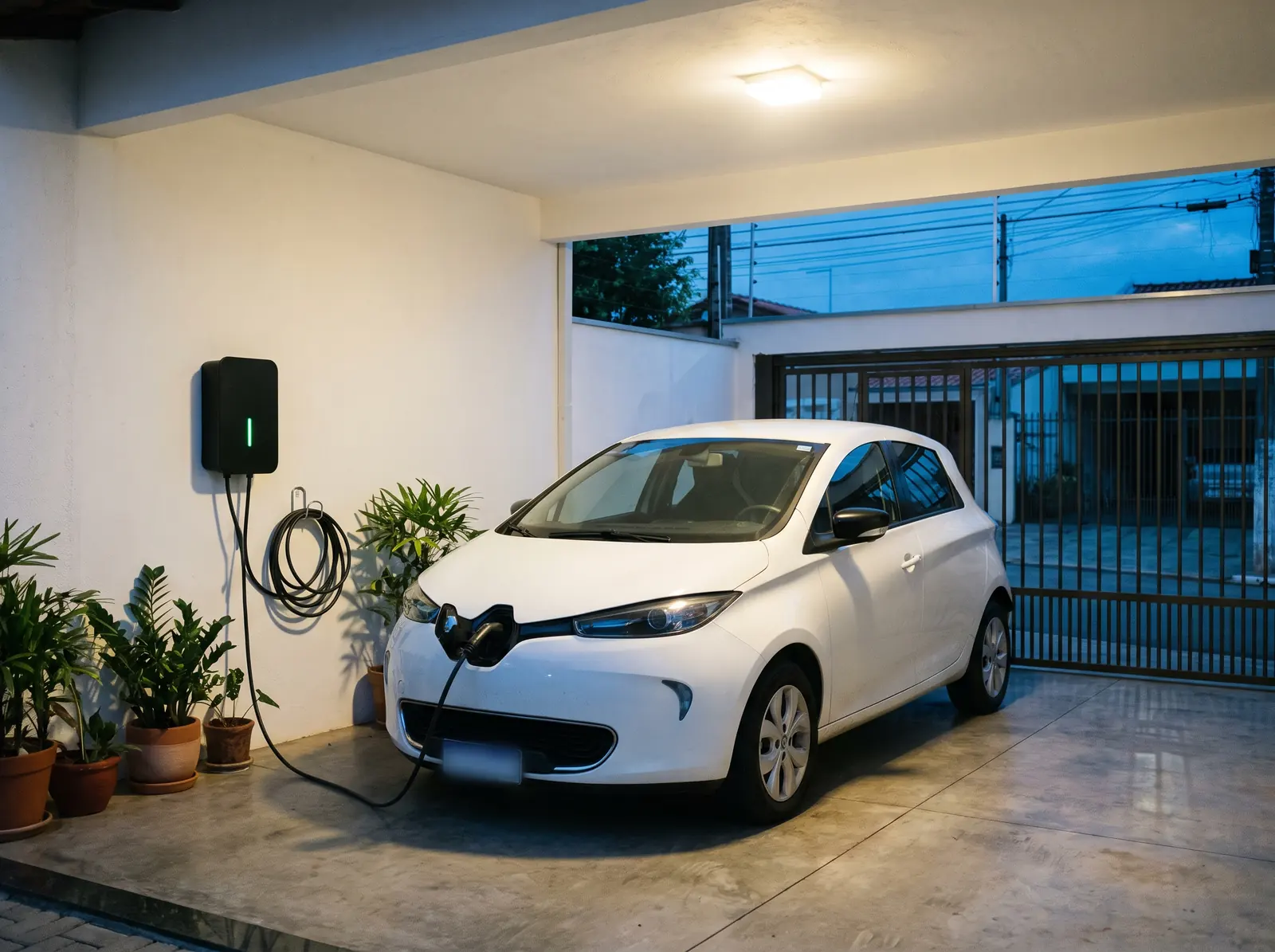 Wallbox instalado na parede de uma garagem, carregando um carro elétrico